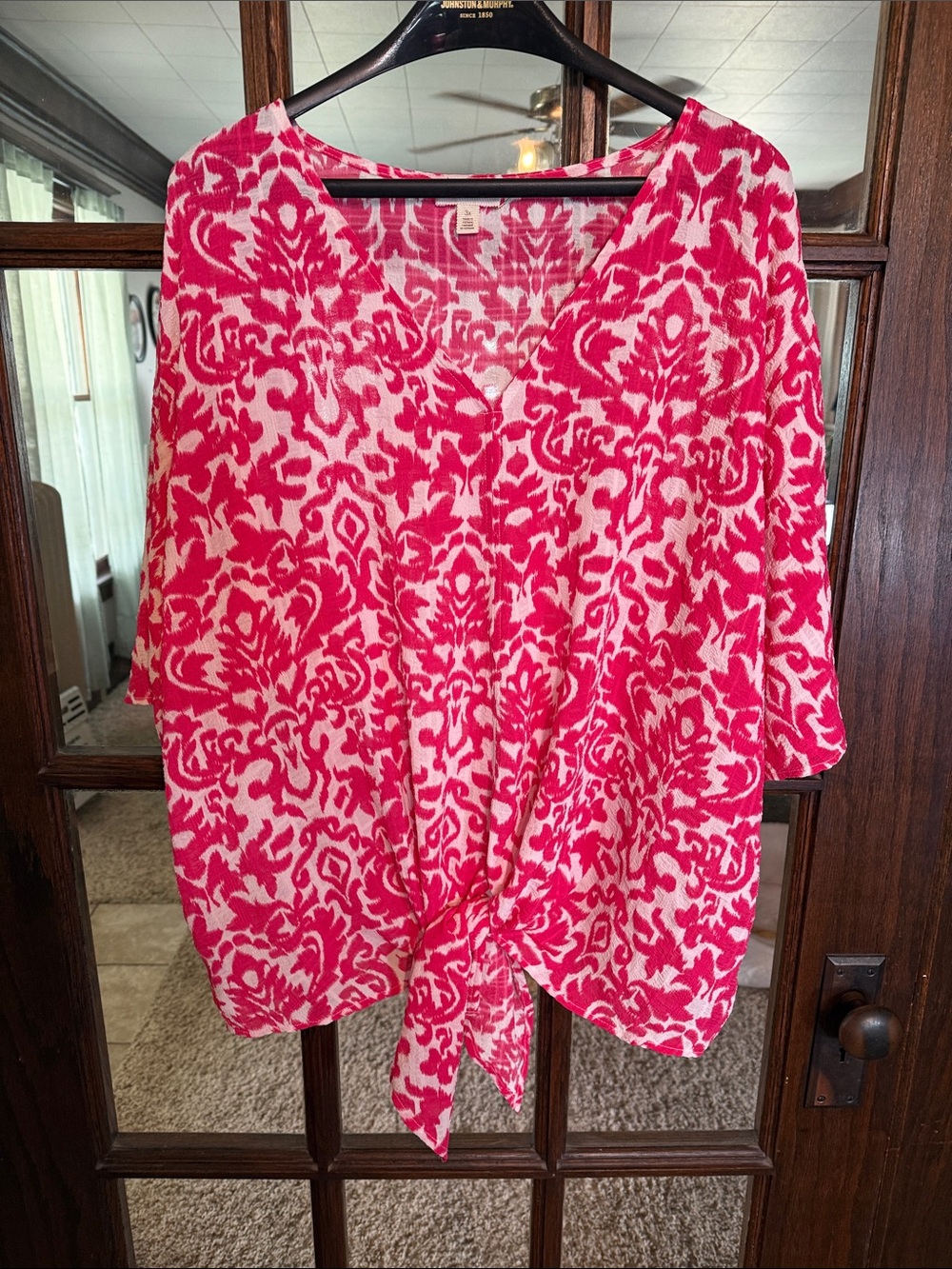 Tamara H Womens Plus 3X Pink White Damask Tie‎ Front V-Neck Short Sleeve Blouse